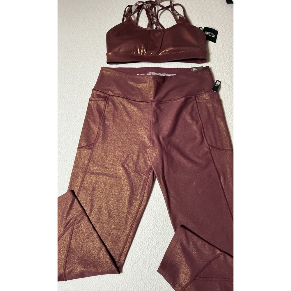 Victoria's Secret Sport Burgundy Metallic Legging Set L XL Bra NWT Pants‎